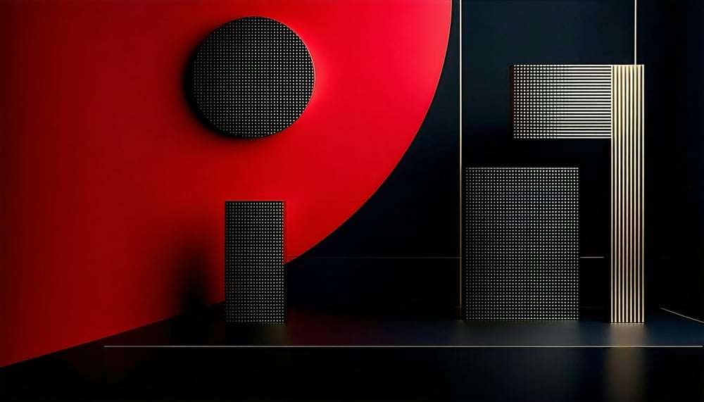 Sleek black, red, and gold-themed content showcase
